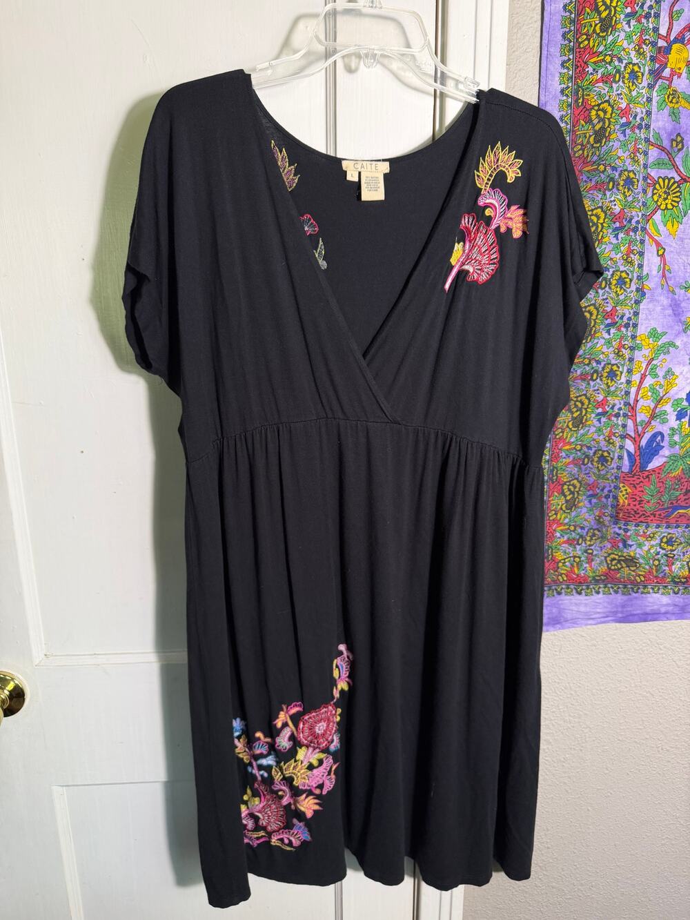 Caite Black Embroidered Floral Dress Surplice V Neck Boho Midi - Large
